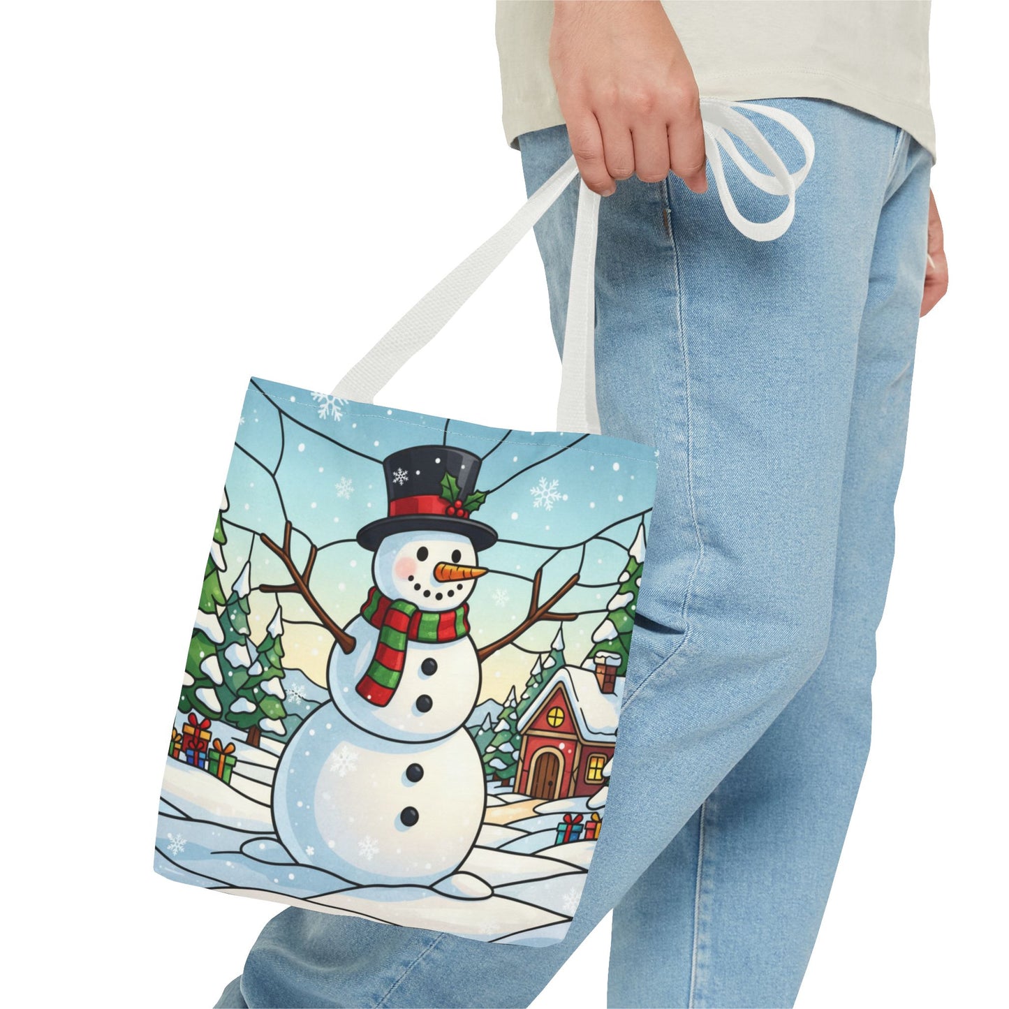 Stained Glass Snowman Christmas Tote Bag, Holiday Art Tote, Festive Winter Gift Bag, Colorful Christmas Scene Reusable Shopping Bag