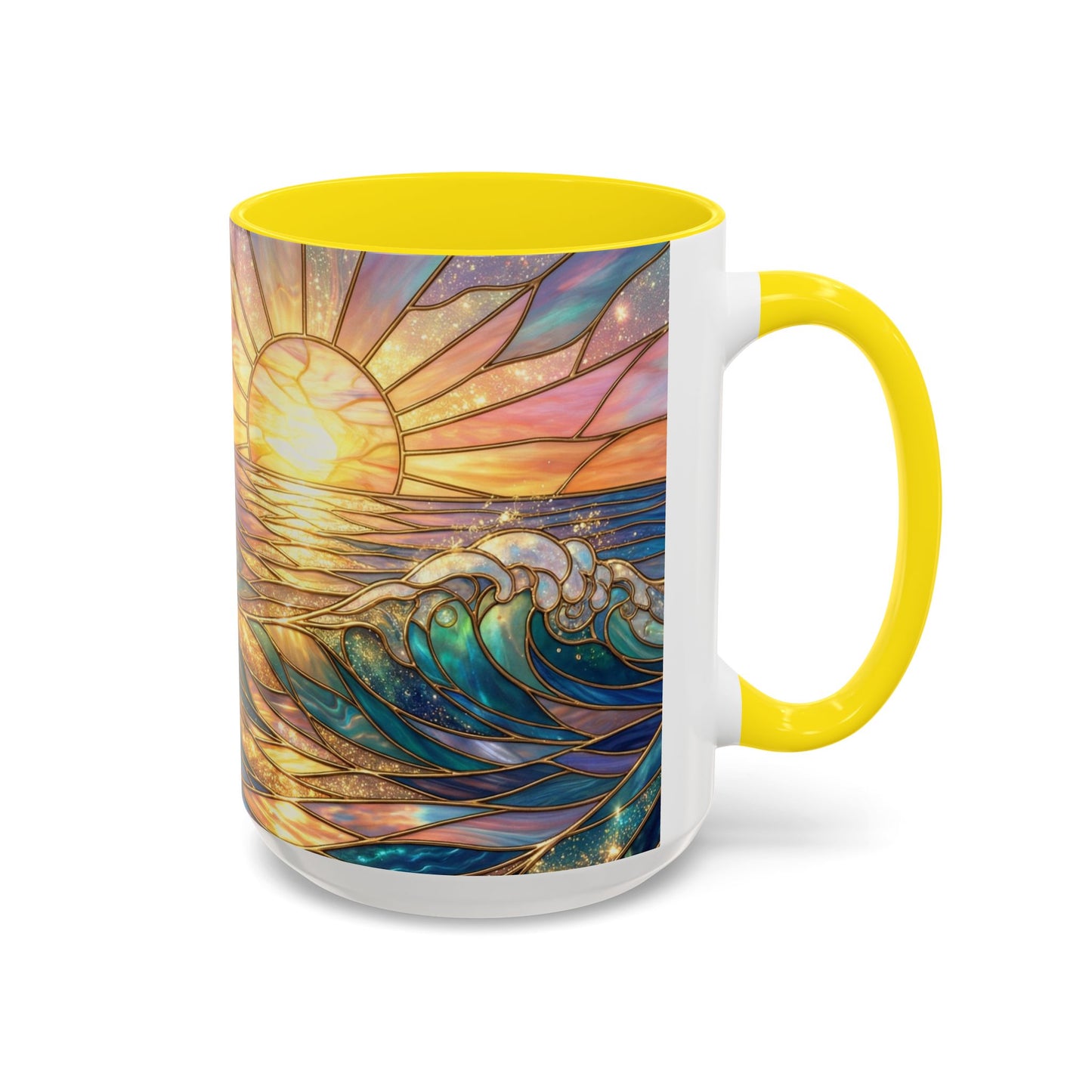 Stained Glass Ocean Wave Mug, Sunrise Beach Coffee Cup, Japanese Art Gift, Coastal Decor Kitchen, Mosaic Sea Tea Cup, Blue Gold Nature Lover