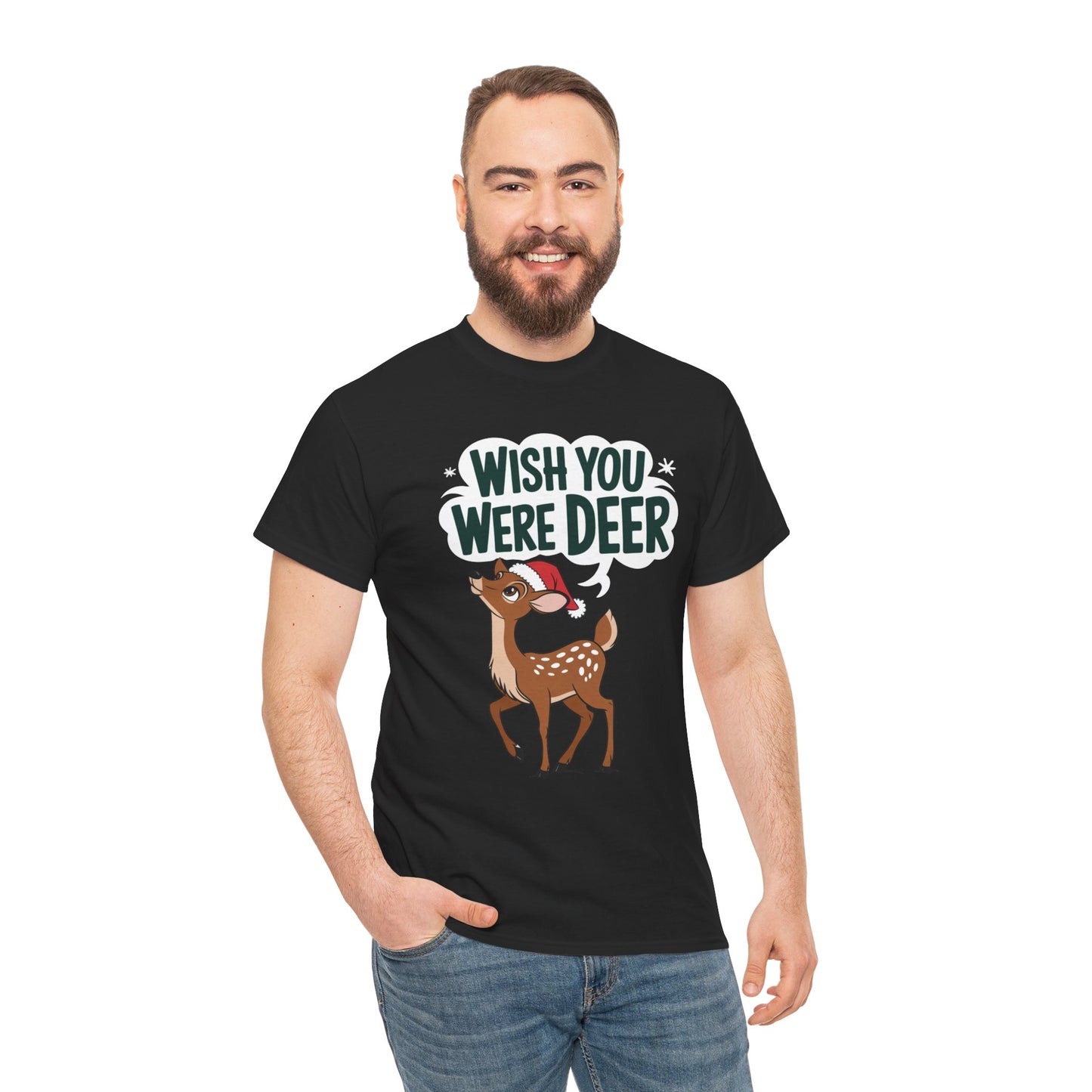 Wish You Were Deer Funny Christmas T-Shirt, Cute Reindeer Holiday Tee, Pun Christmas Shirt, Festive Santa Hat Deer Graphic Tee Gift
