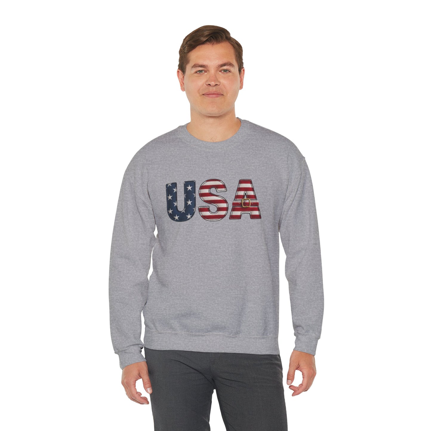 Faux Patchwork USA Sweatshirt, Patriotic Quilt Style Top, Rustic Americana Crewneck, 4th of July Shirt, Country USA Sweater, Vintage Flag Top