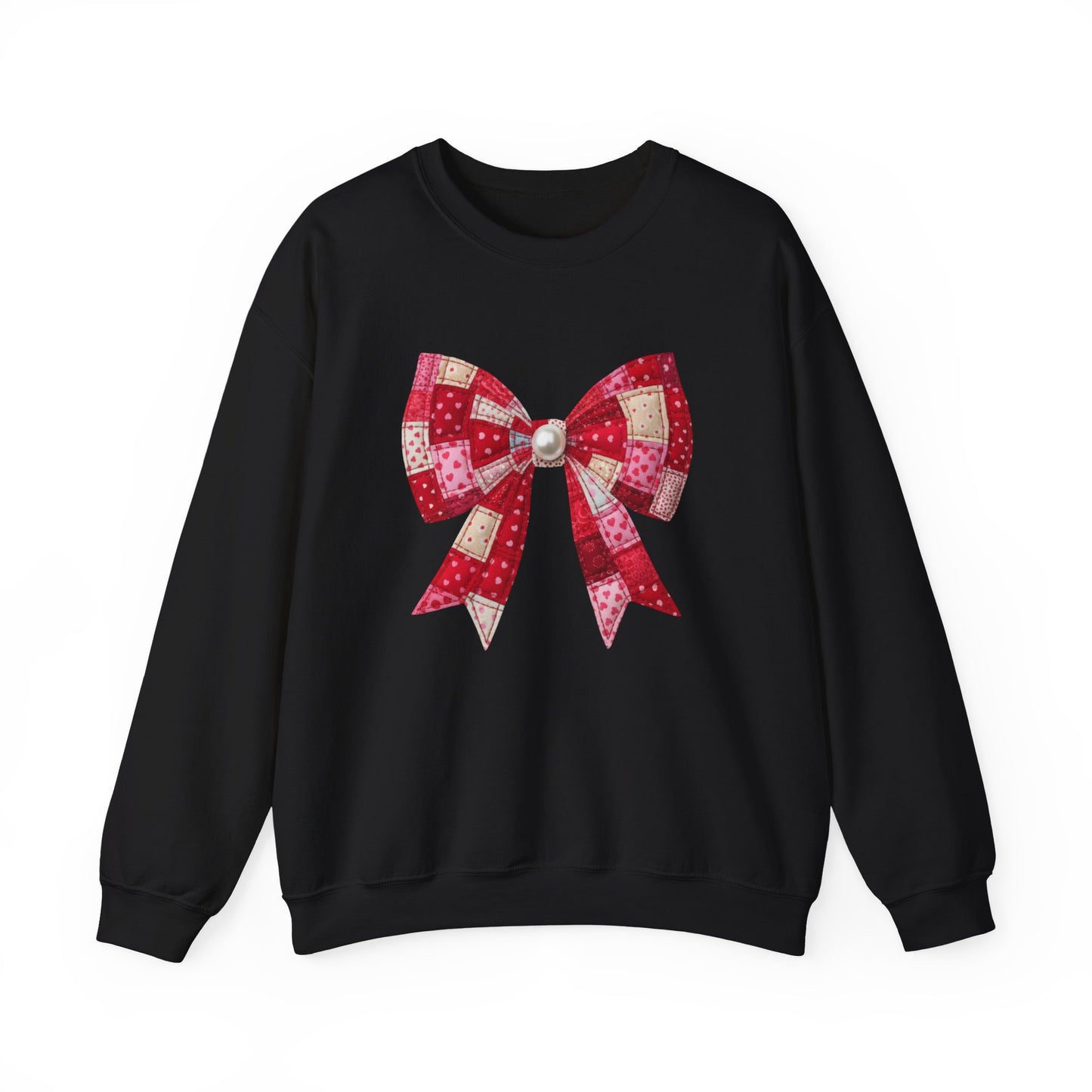 Faux Patchwork Bow Sweatshirt, Quilted Look Bow Crewneck, Pearl Center Bow Pullover, Cozy Coquette Sweatshirt, Girly Gift