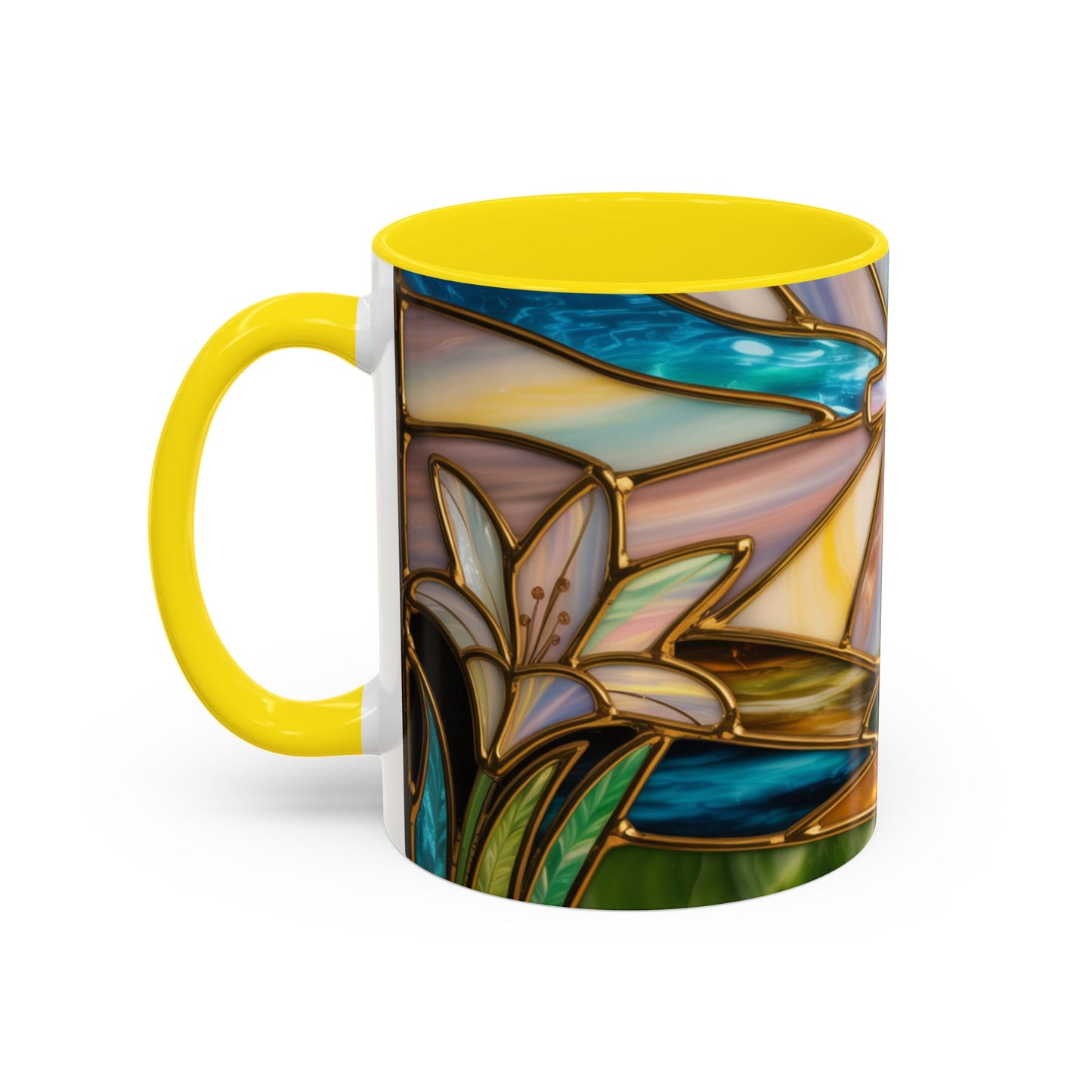 Stained Glass Cross Mug, Christian Sunrise Coffee Cup, Religious Floral Art Mug, Inspirational Faith Gift For Women, Colorful Stained Glass Design