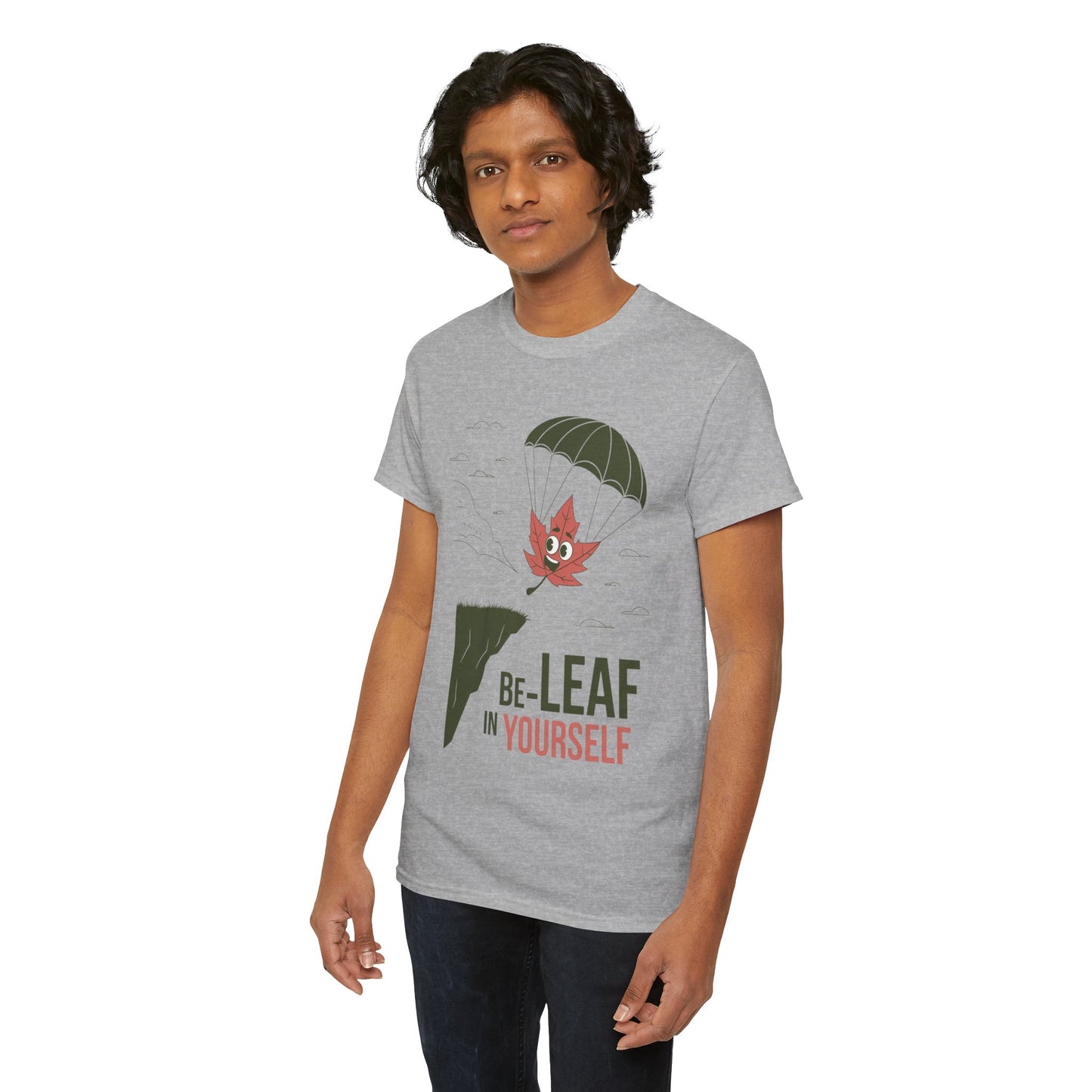 Be-Leaf In Yourself Maple Leaf Parachute T-Shirt | Funny Motivational Nature Graphic Tee | Self-Love Fall Autumn Shirt | Outdoorsy Gift