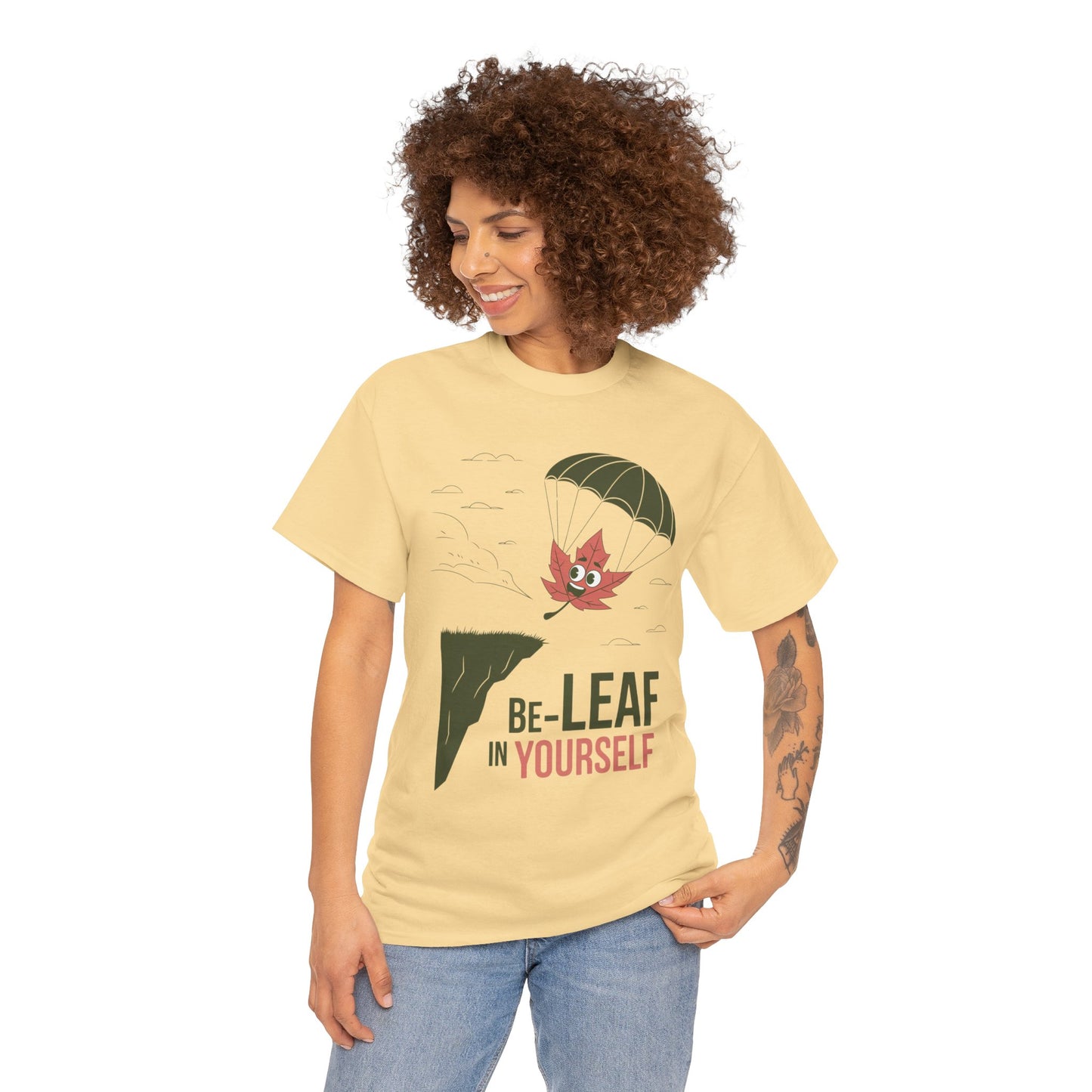 Be-Leaf In Yourself Maple Leaf Parachute T-Shirt | Funny Motivational Nature Graphic Tee | Self-Love Fall Autumn Shirt | Outdoorsy Gift