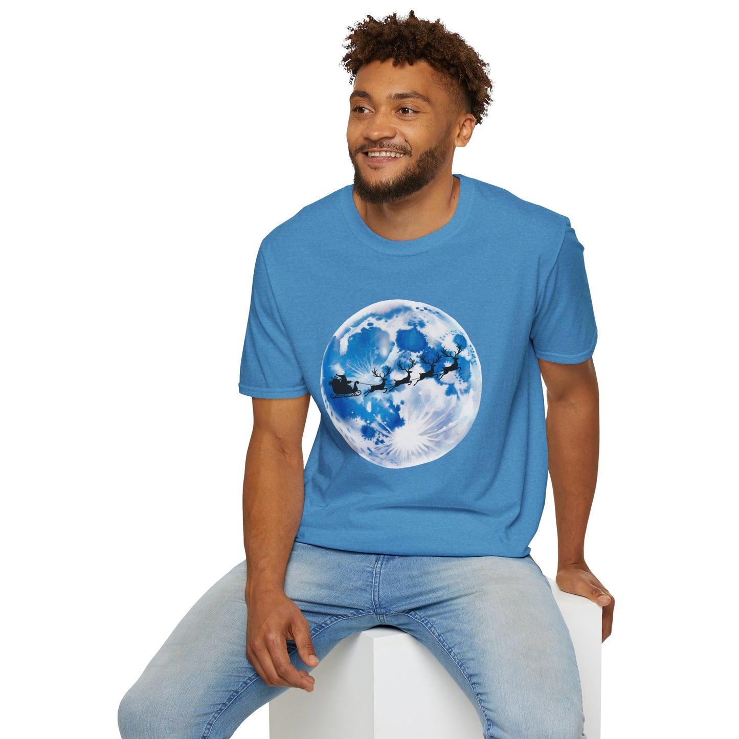 Santa Moon Christmas T-Shirt, Reindeer Sleigh Christmas Tee, Holiday Moonlight Xmas Shirt, Festive Christmas Graphic Tee, Winter Night Christmas Gift Tee