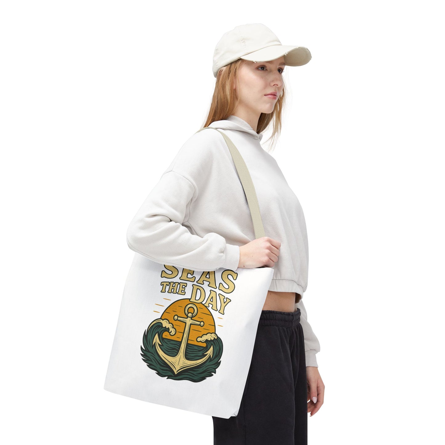 "Seas the Day" Nautical Tote Bag – Funny Beach Quote Canvas Bag with Anchor | Coastal Gift Idea for Summer, Travel, or Daily Use