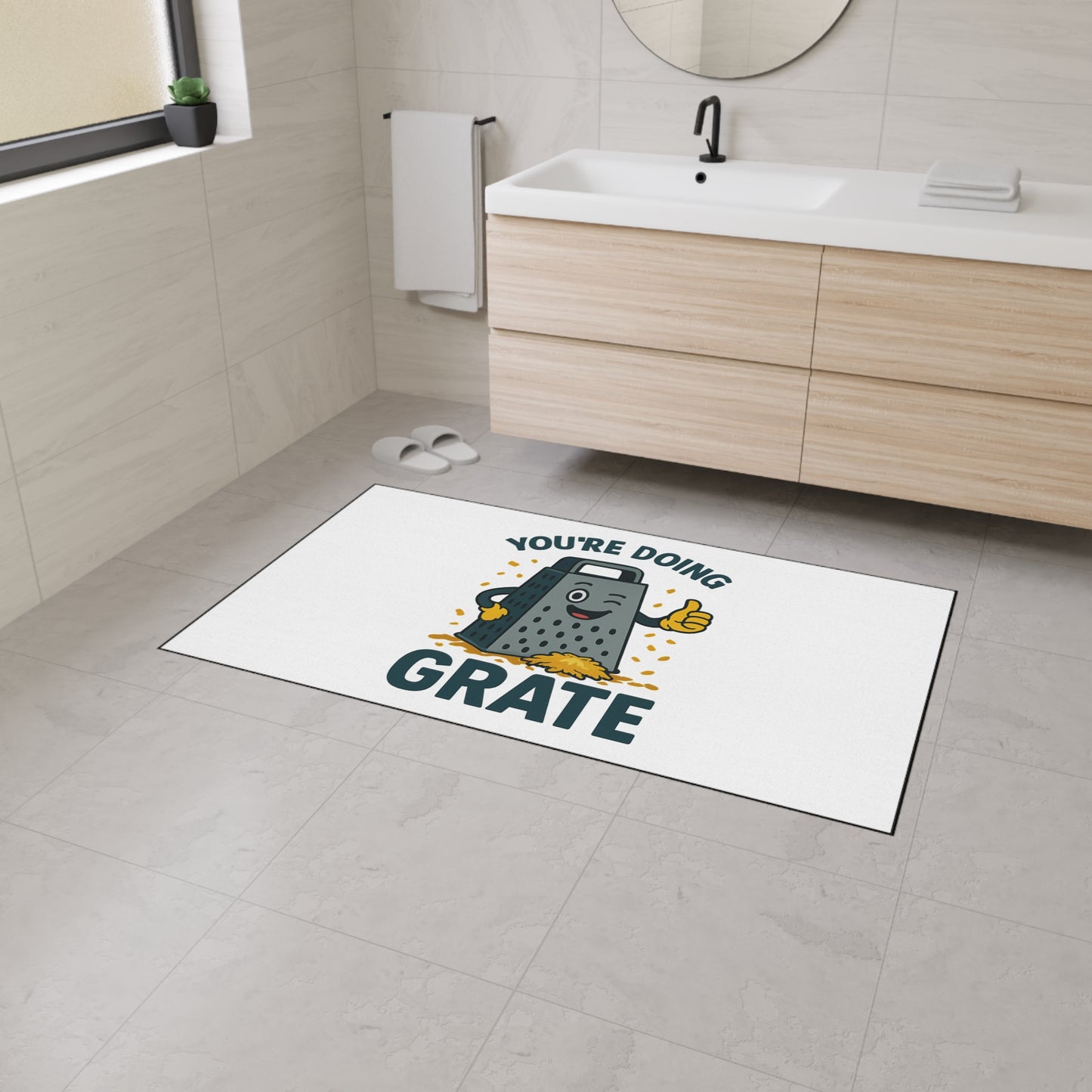 Funny Kitchen Mat – “You’re Doing Grate” Floor Rug, Cheese Grater Pun Mat, Cute Home Gift for Friends or Foodies