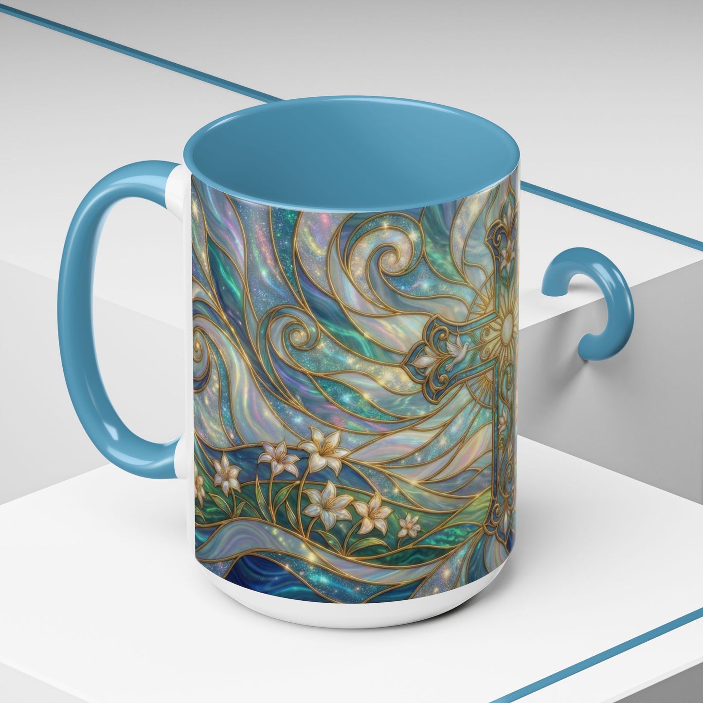 Stained Glass Cross Mug, Christian Coffee Cup, Religious Easter Gift, Celestial Faith Mug, Spiritual Sunrise Cup, Dove Lily Print Mug