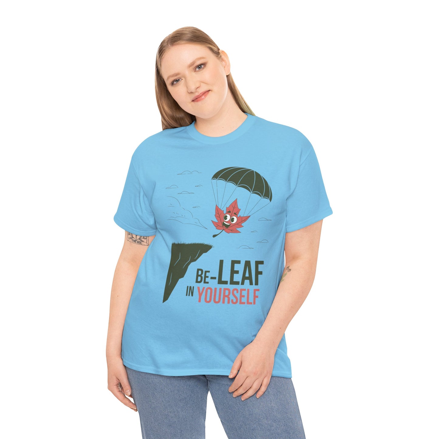 Be-Leaf In Yourself Maple Leaf Parachute T-Shirt | Funny Motivational Nature Graphic Tee | Self-Love Fall Autumn Shirt | Outdoorsy Gift