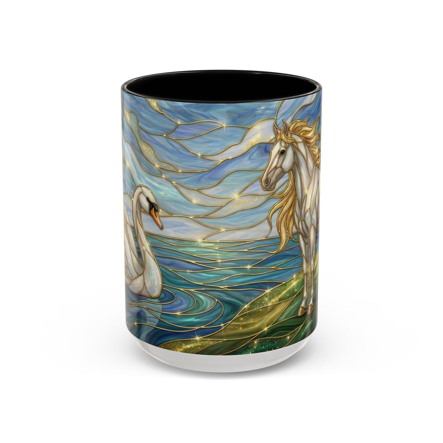 Swan And Horse Coffee Mug, Stained Glass Fantasy Art Mug, Elegant Animal Coffee Cup, Mythical Nature Gift, 11oz 15oz Ceramic Mug