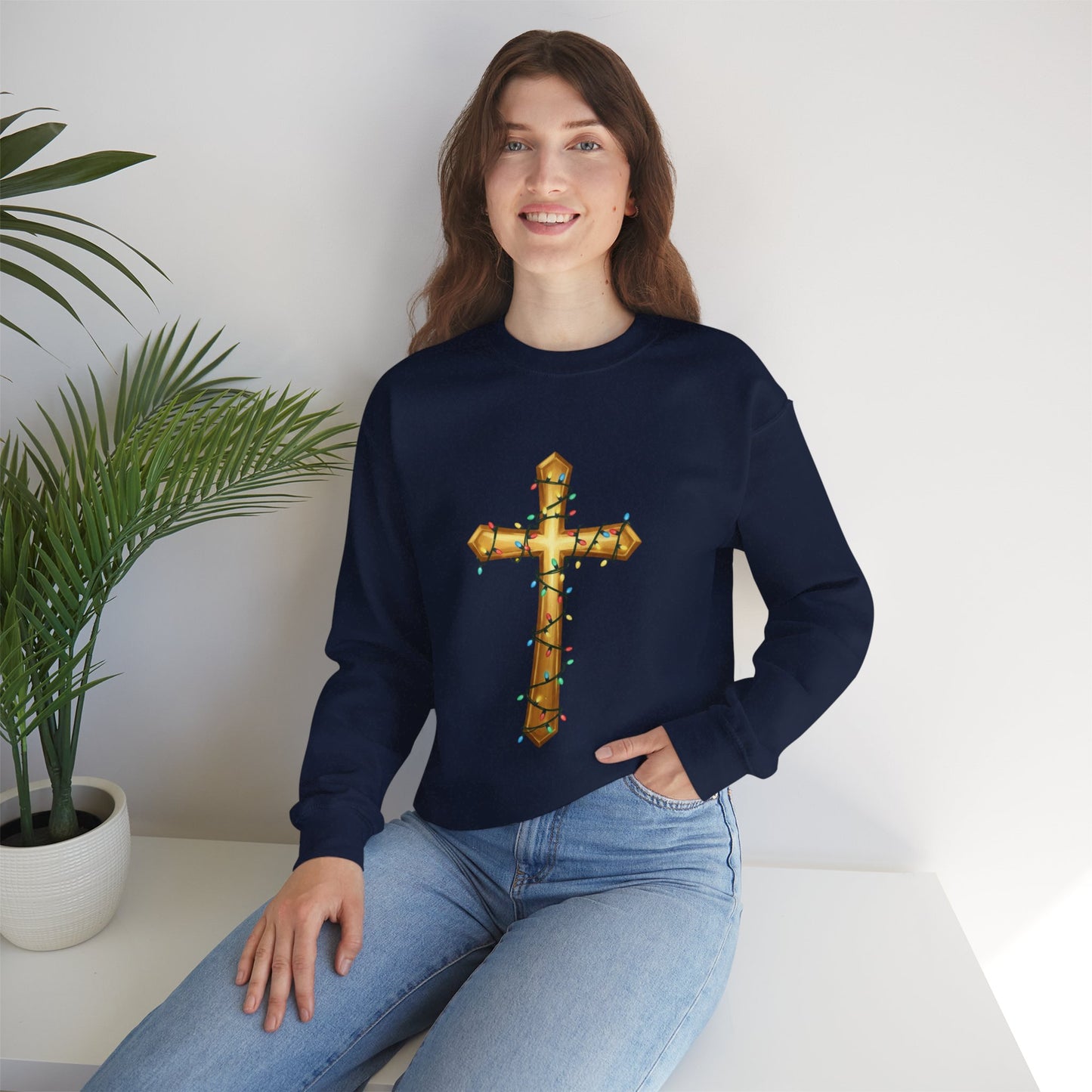 Christmas Cross Lights Sweatshirt, Christian Christmas Sweatshirt, Religious Holiday Cross Sweater, Jesus Christmas Gift, Faith