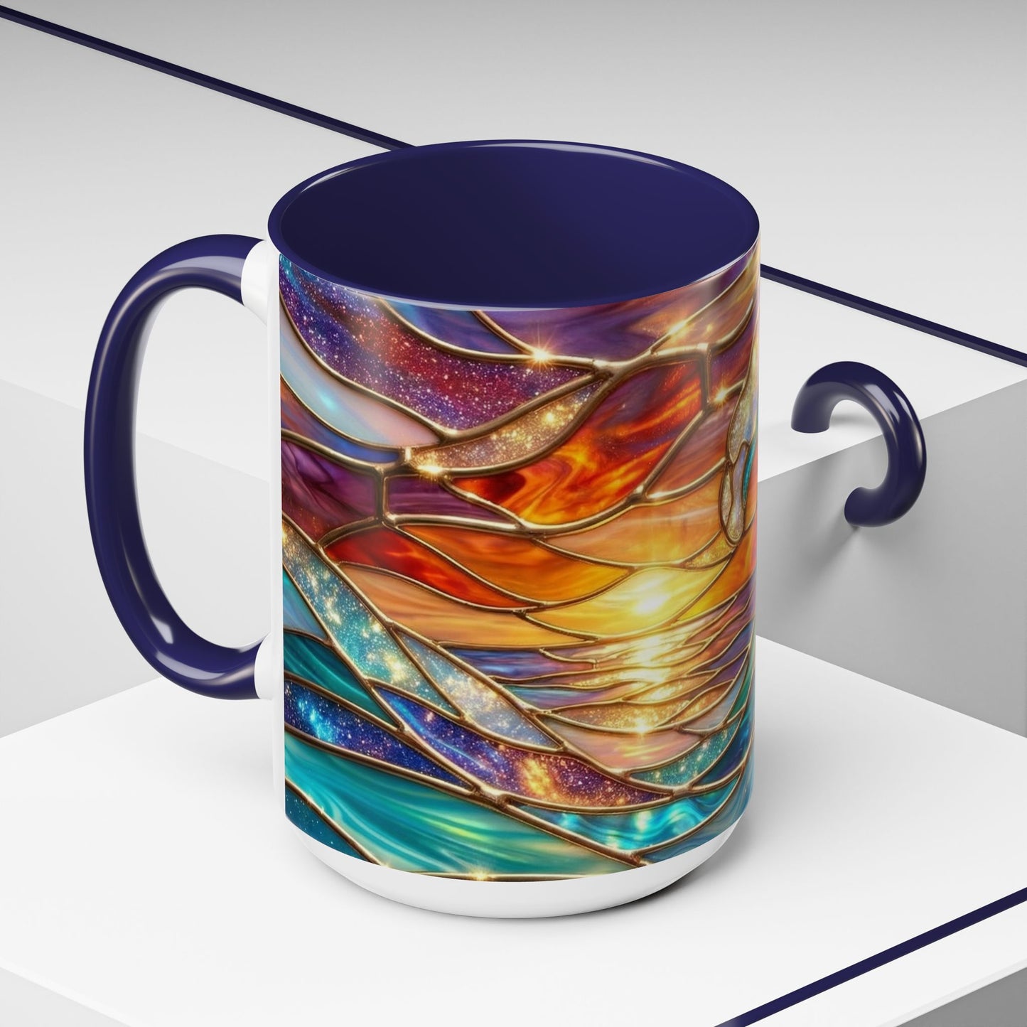 Stained Glass Wave Mug, Cosmic Ocean Coffee Cup, Celestial Sunrise Tea Mug, Surfer Beach Decor Gift, Starry Sea Art, Ocean Lover Cup